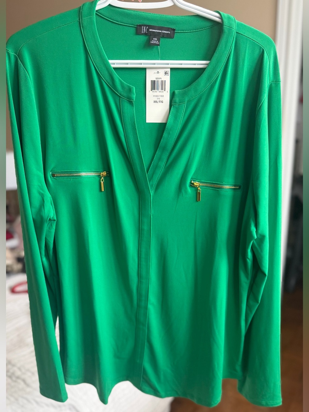 INC International Concepts Green Long-Sleeve Zip-Pocket Blouse